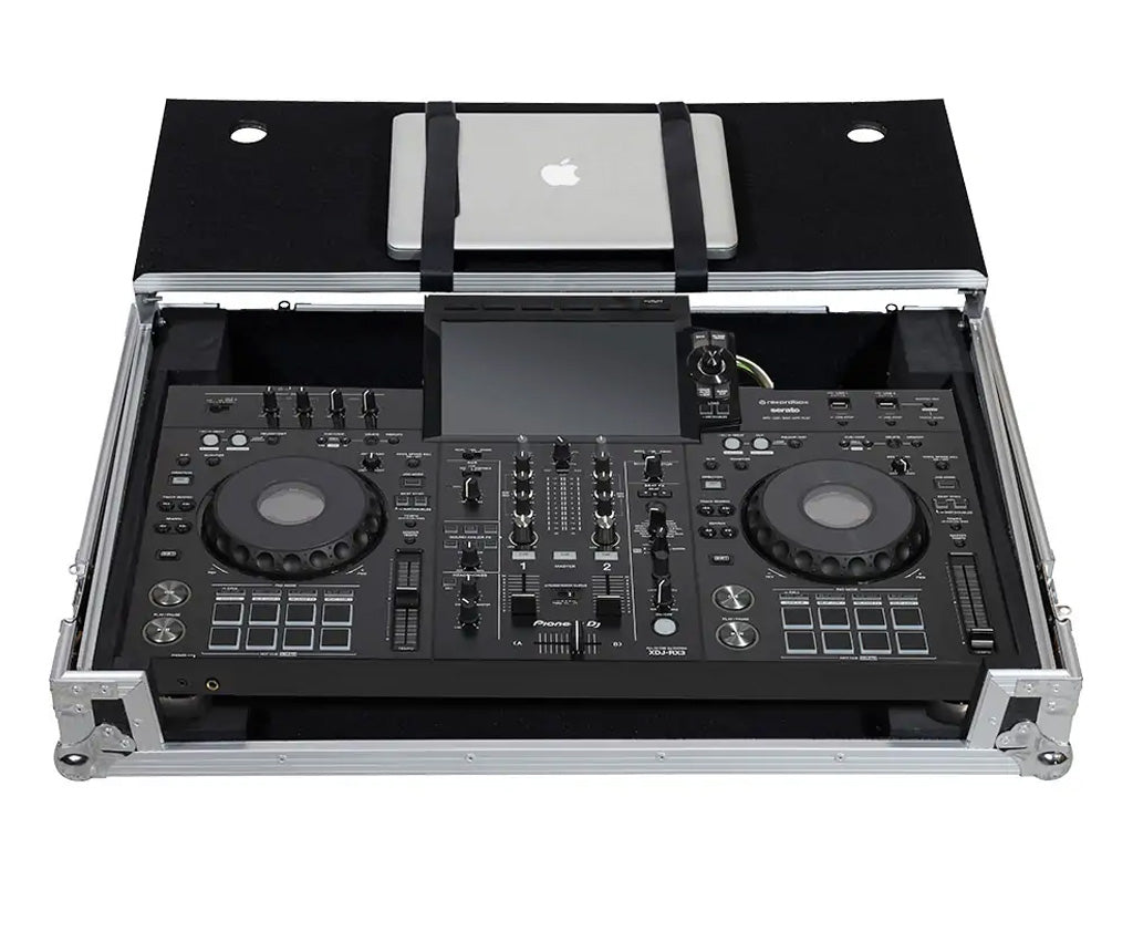 Flight case para sistema DJ todo en uno | Pioneer XDJ | RX3 | Soporte ordenador y ruedas | Plata