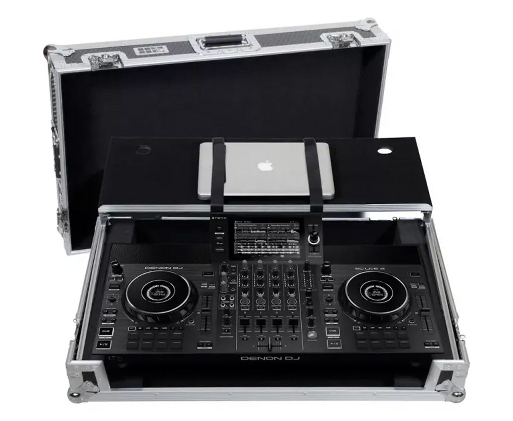 Flight case para sistema DJ todo en uno | Denondj SCLIVE 4 | Soporte ordenador y ruedas |Plata